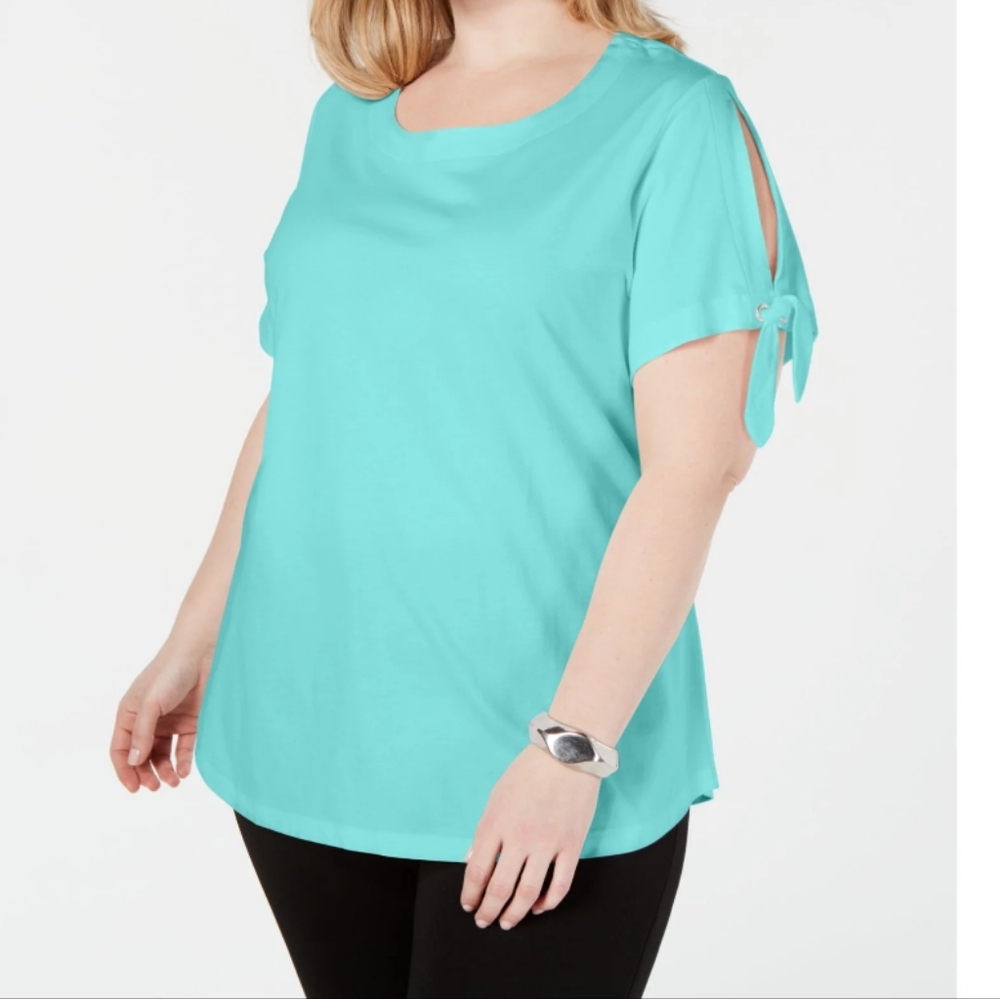Karen Scott Womens Aqua Short Sleeve Scoop Neck T-Shirt Plus Size: 3X
